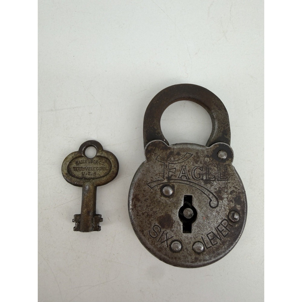 Antique Eagle Six Lever Padlock Orgiginal Double Bit Key Patented 1914